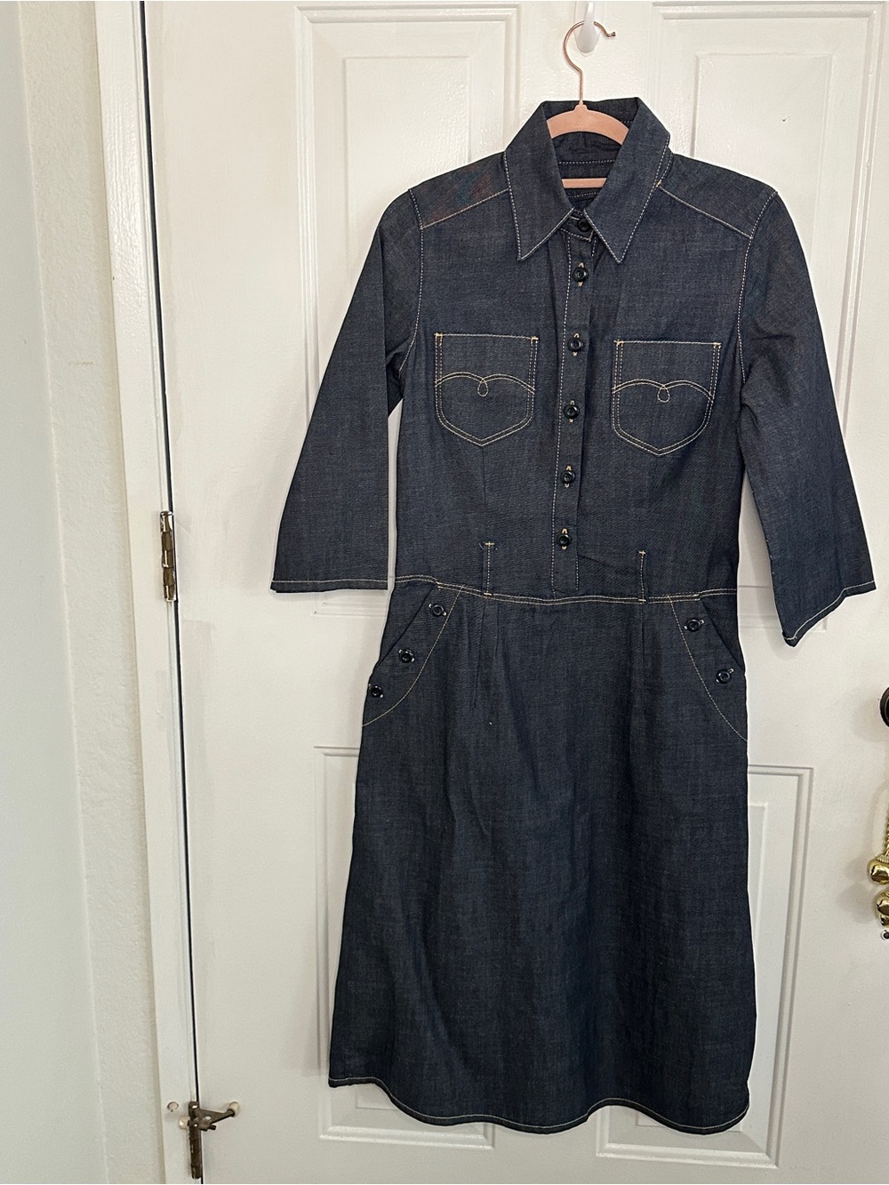 Mavi Denim Shirt Dress Dark Blue Collared Button Pockets S 3/4 Sleeve